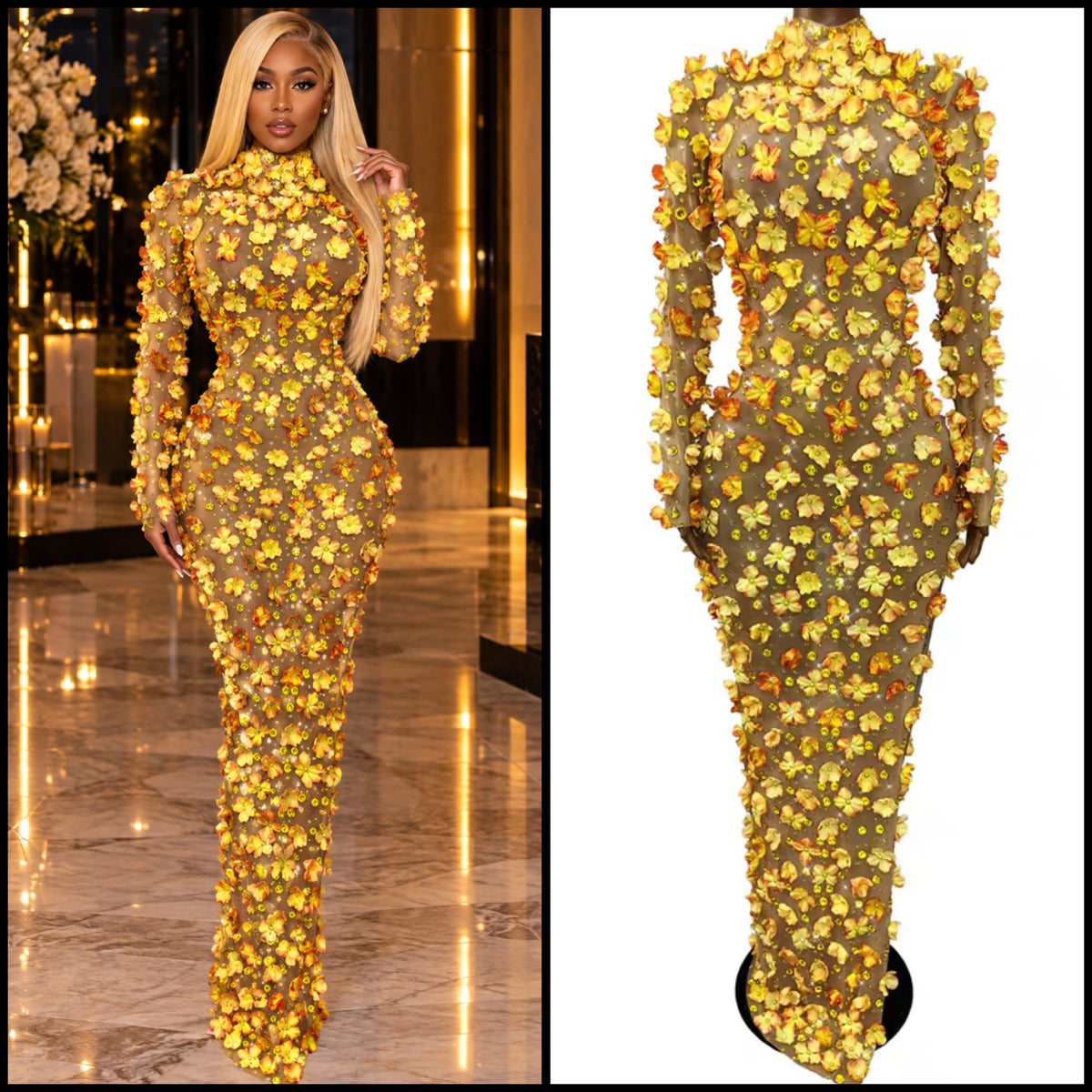 Sexy Full Sleeve Floral Rhinestone Maxi Dress