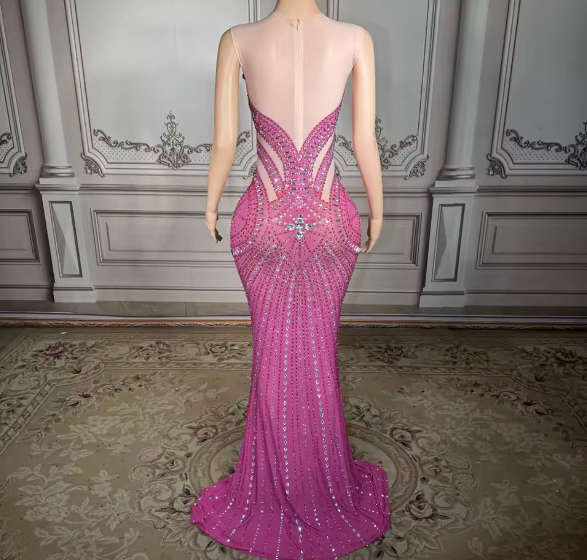 Pink Sleeveless Rhinestone Embellishment Sexy Maxi Dress