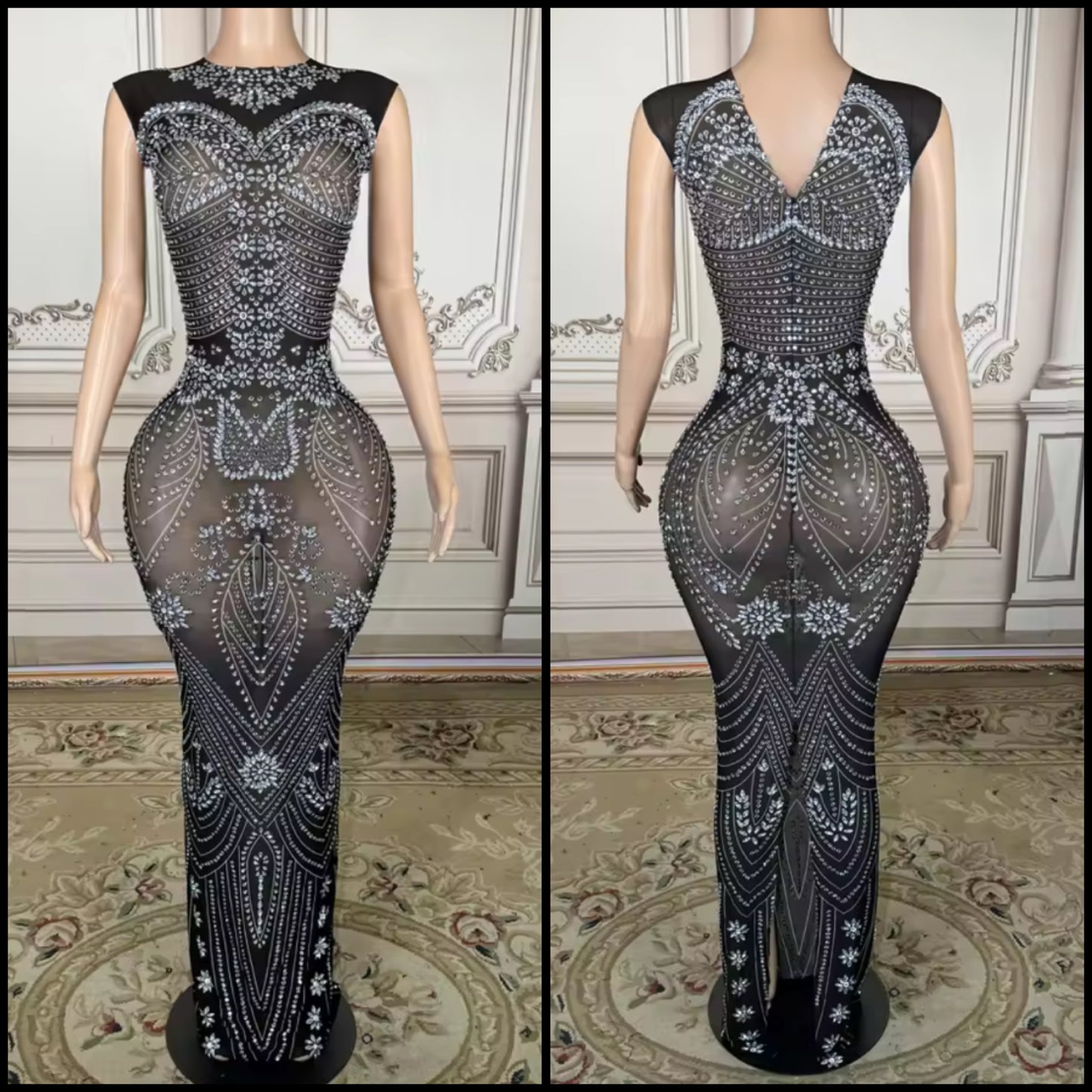 Sexy Sleeveless Black Rhinestone Embellishment Maxi Dress