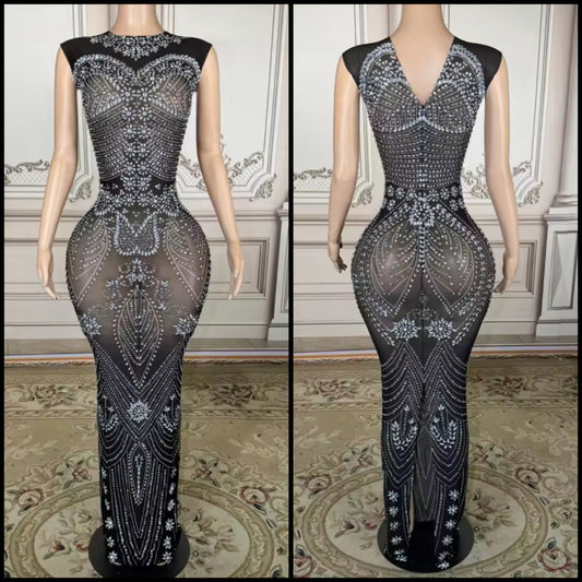 Sexy Sleeveless Black Rhinestone Embellishment Maxi Dress