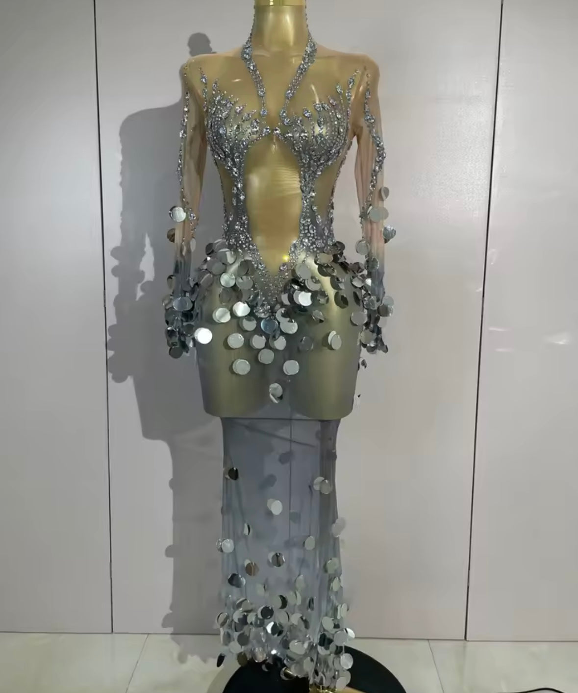 Sexy Sequins Rhinestone Silver Full Sleeve Maxi Dress