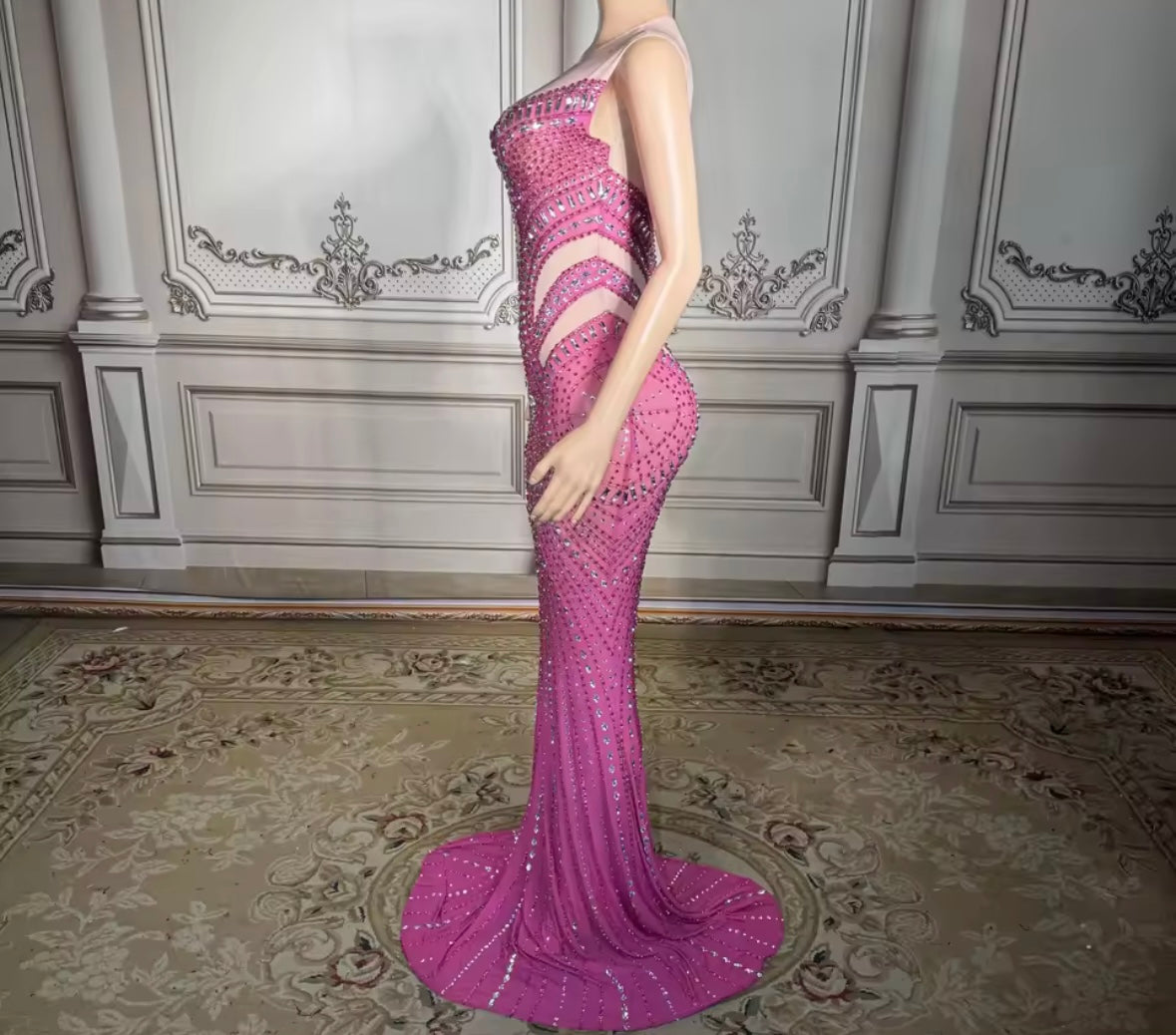 Pink Sleeveless Rhinestone Embellishment Sexy Maxi Dress