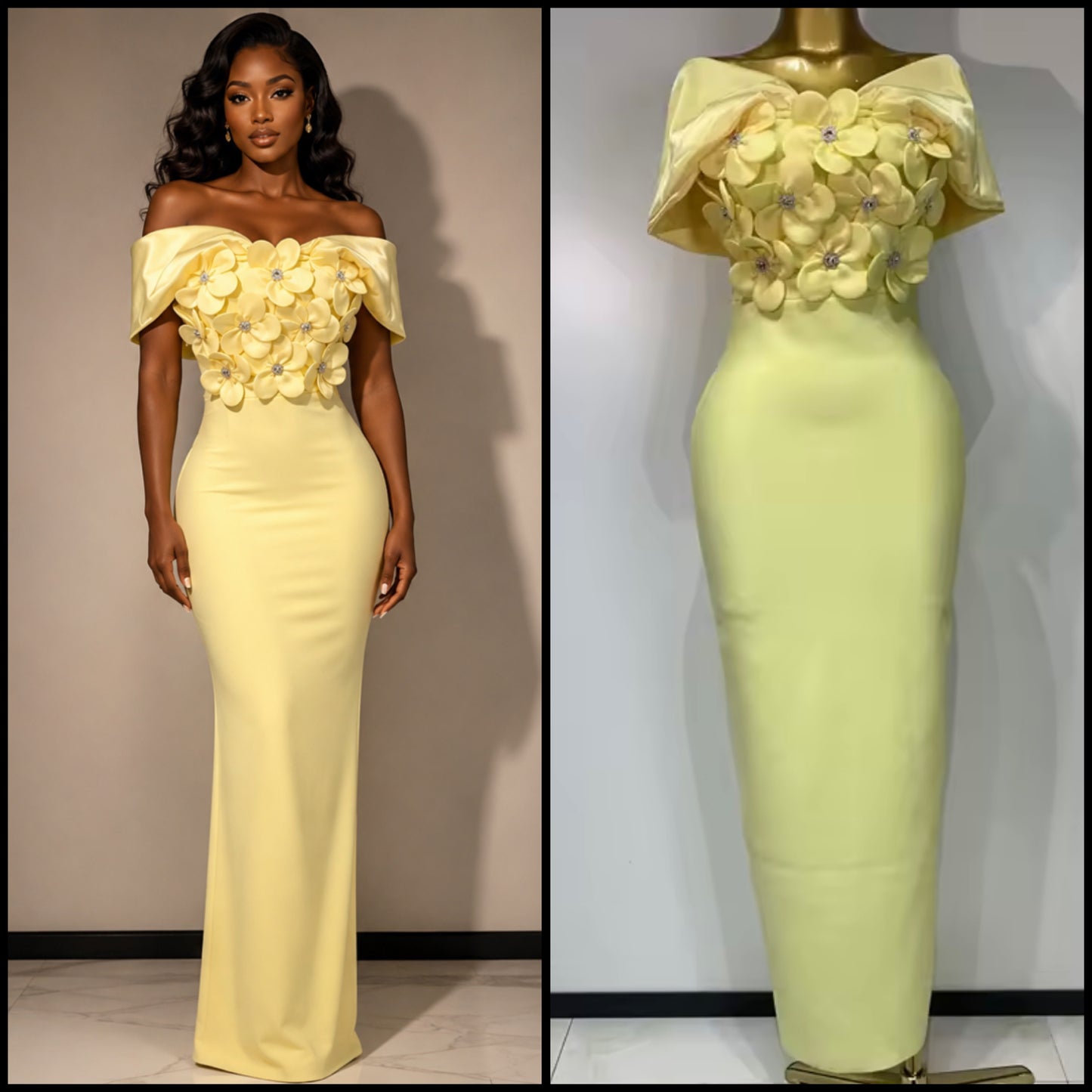 Yellow Sexy Off The Shoulder Floral Rhinestone Maxi Dress