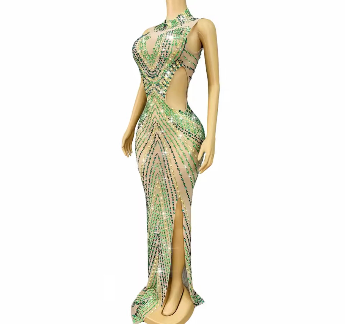 Sexy Sleeveless Rhinestone Embellishment Side Split Maxi Dress