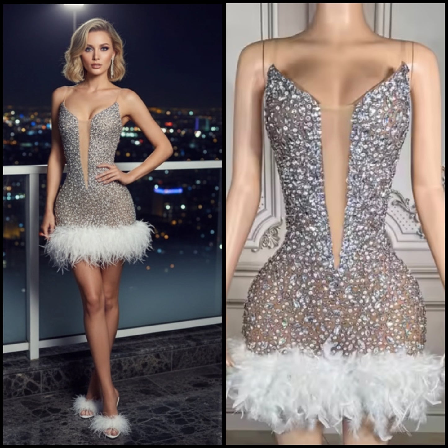 Sexy Sleeveless Rhinestone Feather Dress
