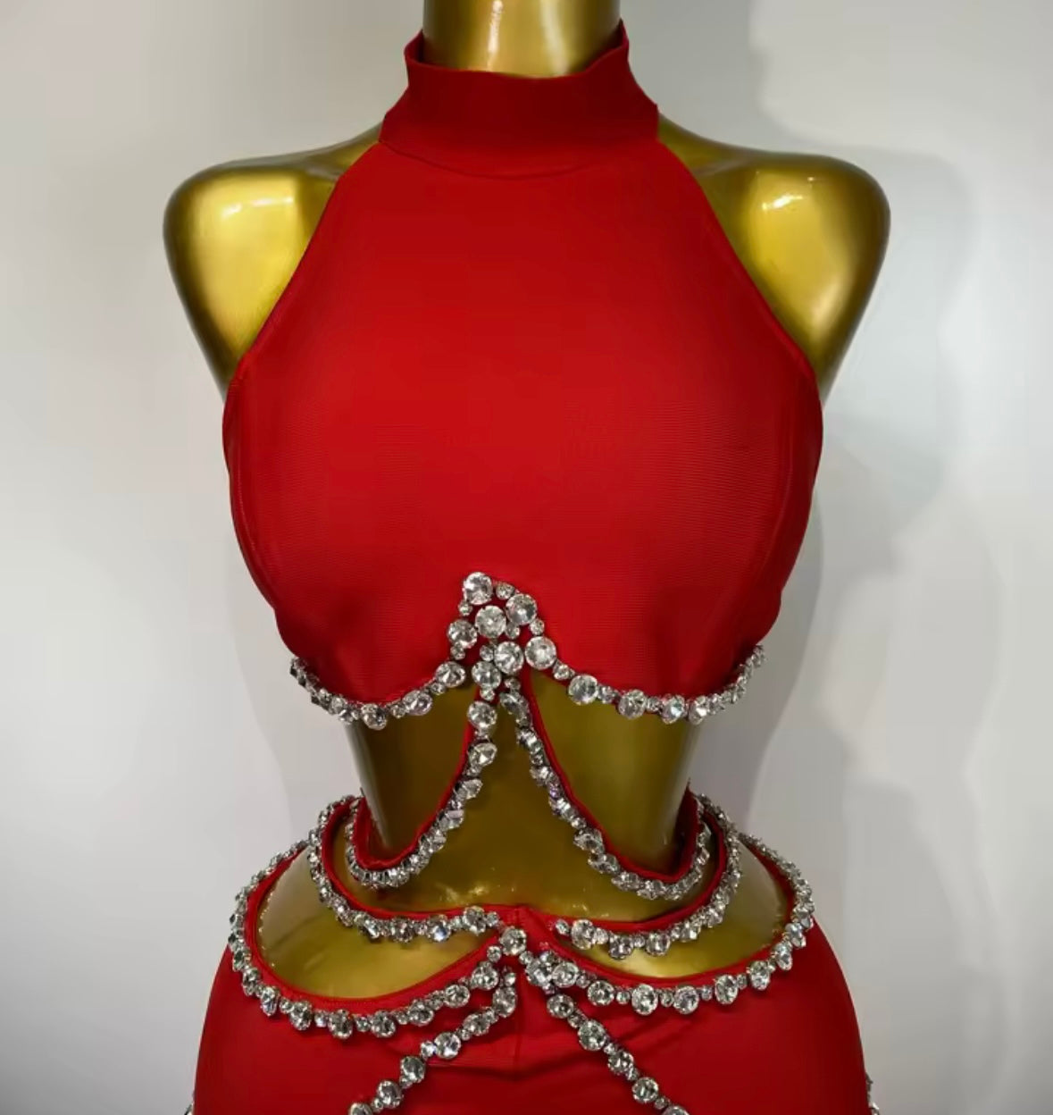Red Halter Rhinestone Sexy Bandage Pant Set