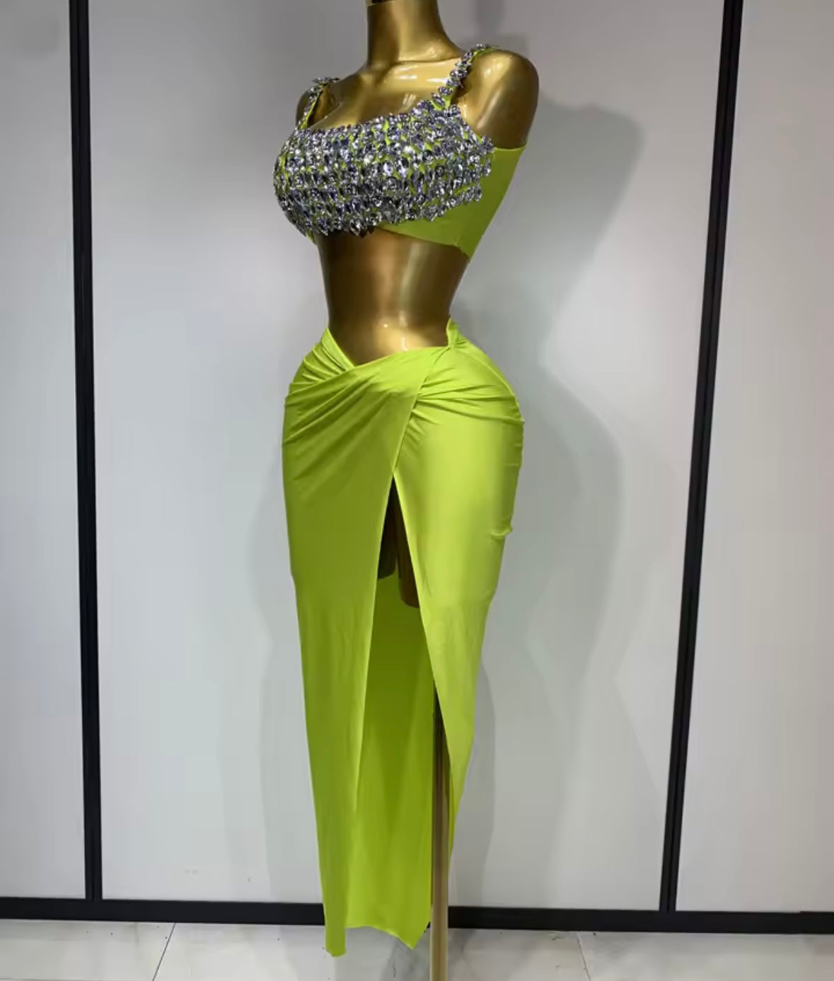 Sexy Rhinestone Sleeveless Maxi Skirt Set
