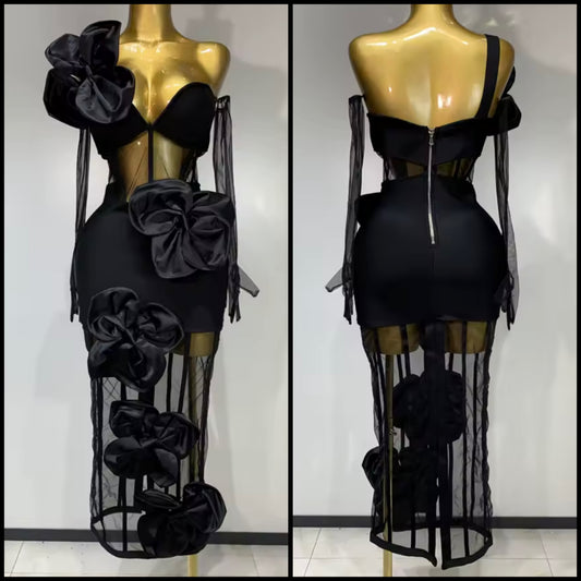Elegant Black Floral Strapless Maxi Dress