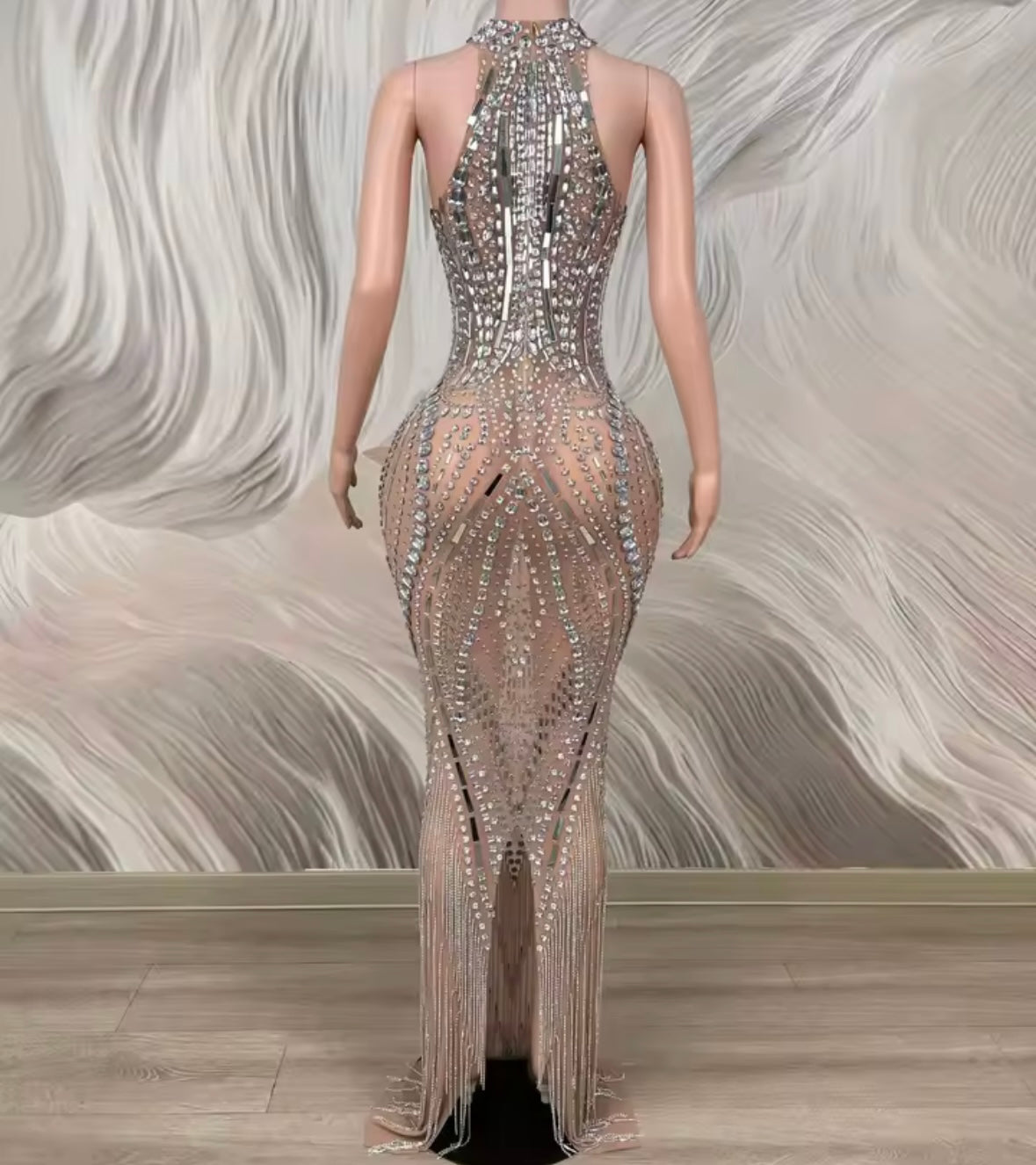 Sleeveless Sexy See Through Rhinestone Embellishment Maxi Dress