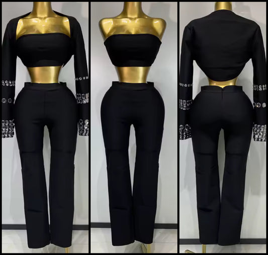Elegant Black Rhinestone Three Piece Pant Set