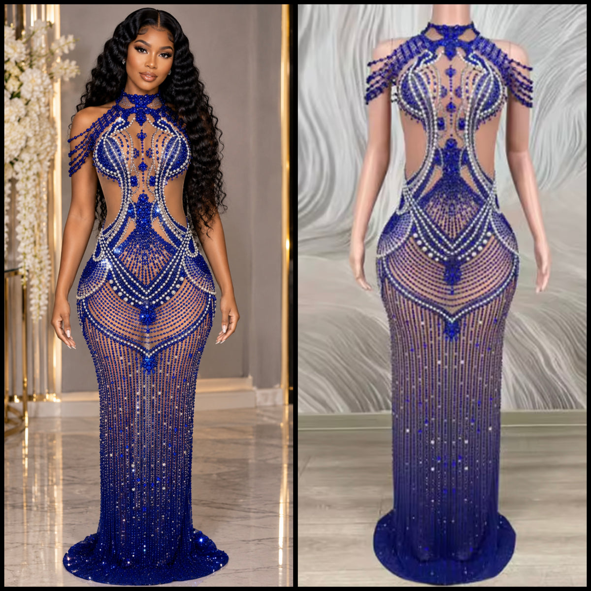 Blue Sexy Sleeveless Rhinestone See Through Maxi Dress