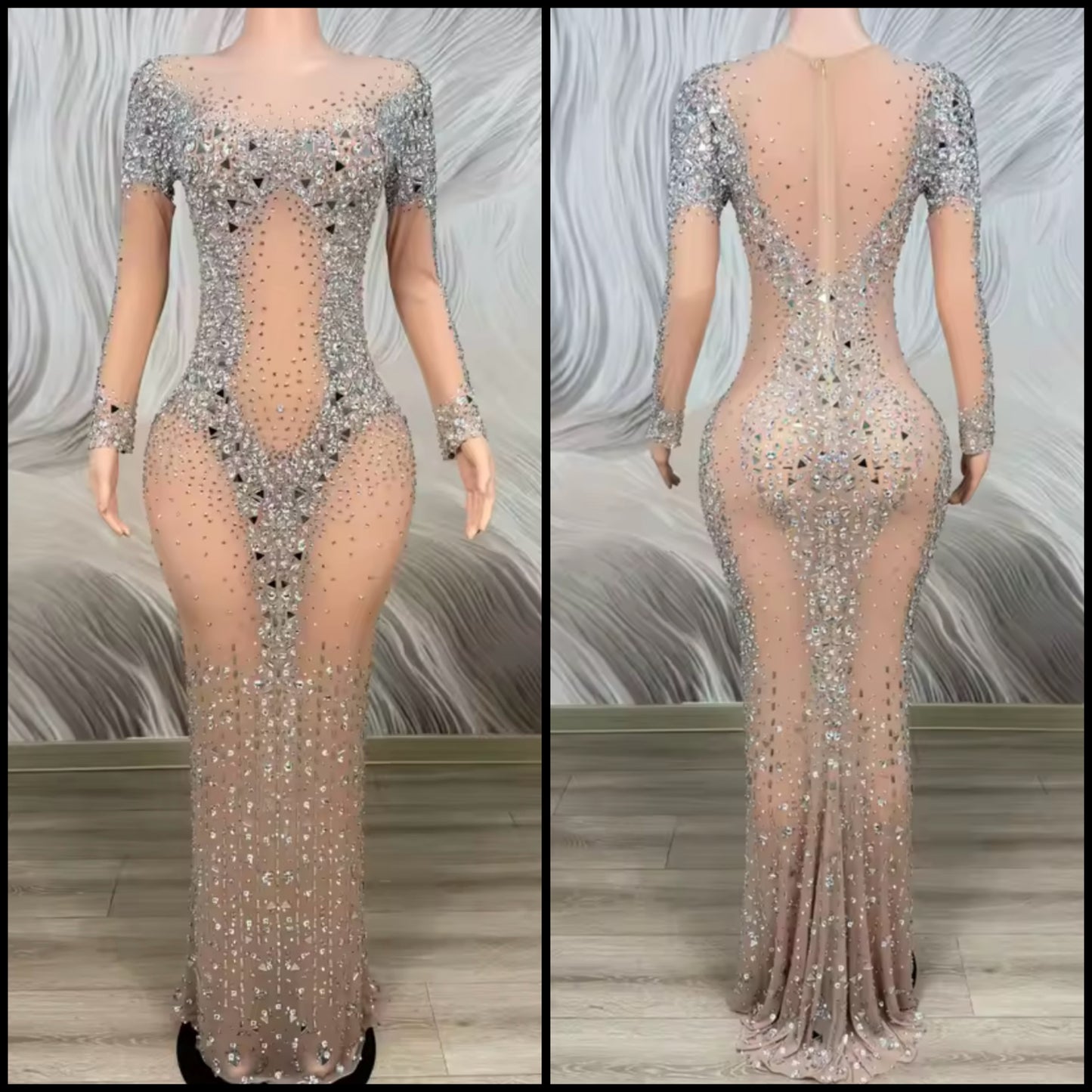 Sexy See Through Rhinestone Embellishment Floor-Length Dress