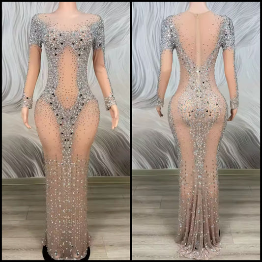 Sexy See Through Rhinestone Embellishment Floor-Length Dress
