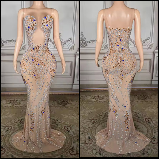Sexy Sleeveless Color Rhinestone Floor-Length Dress