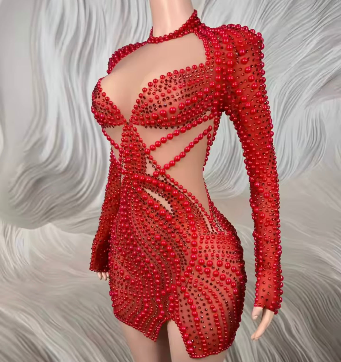 Red Sexy Beaded Rhinestone Full Sleeve Dress