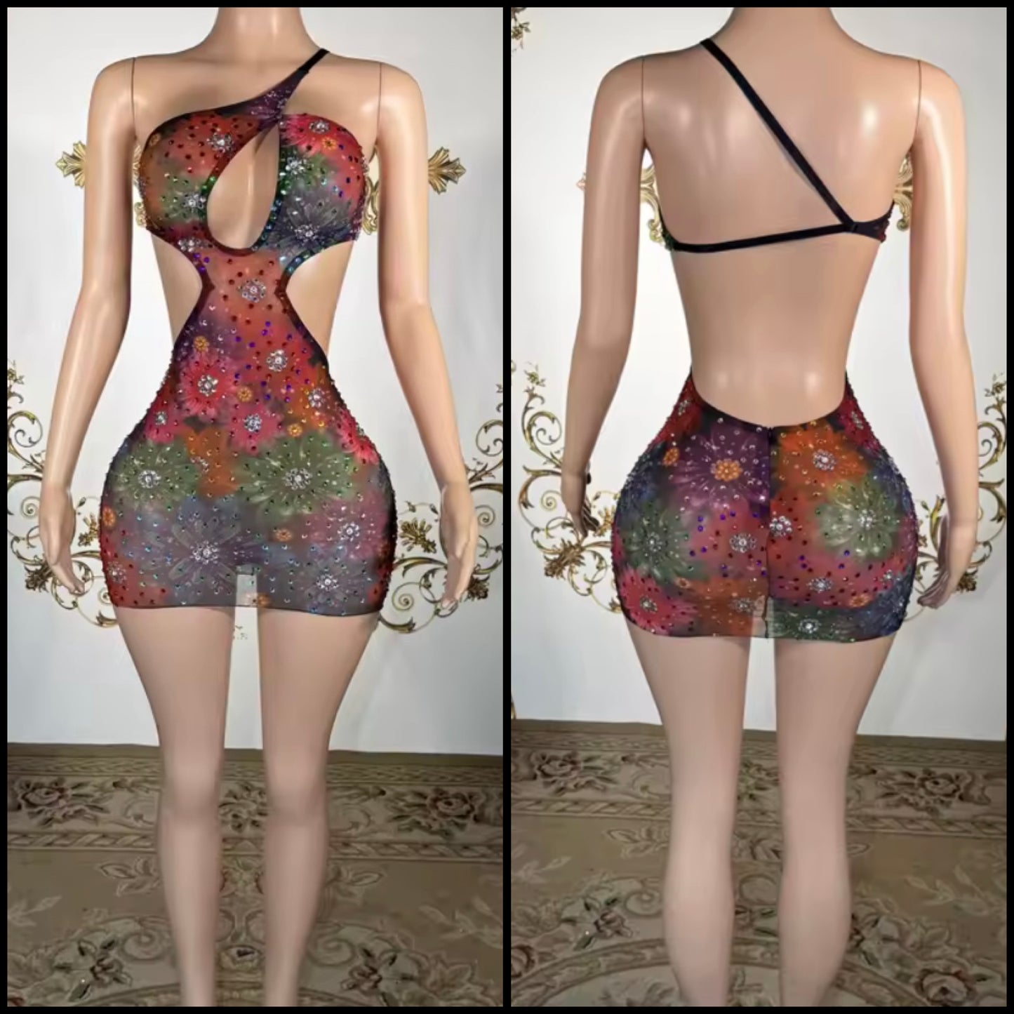 Sexy One Shoulder Sleeveless Colorful Rhinestone Dress