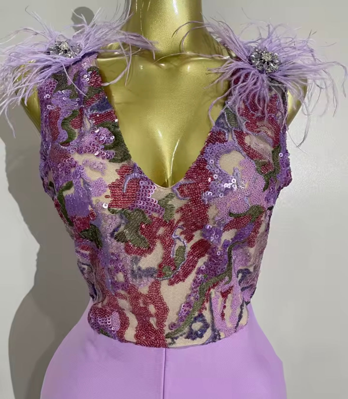 Sleeveless Sequins Feather Lavender Jumpsuit