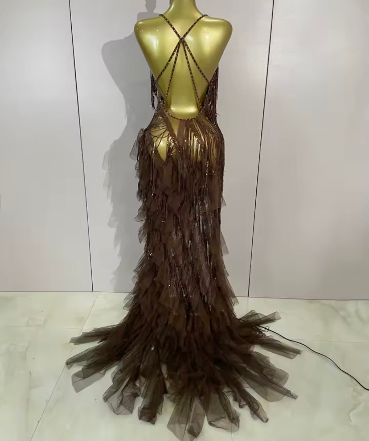 Sexy Sleeveless Open Back Fringe Tassel Rhinestone Maxi Dress