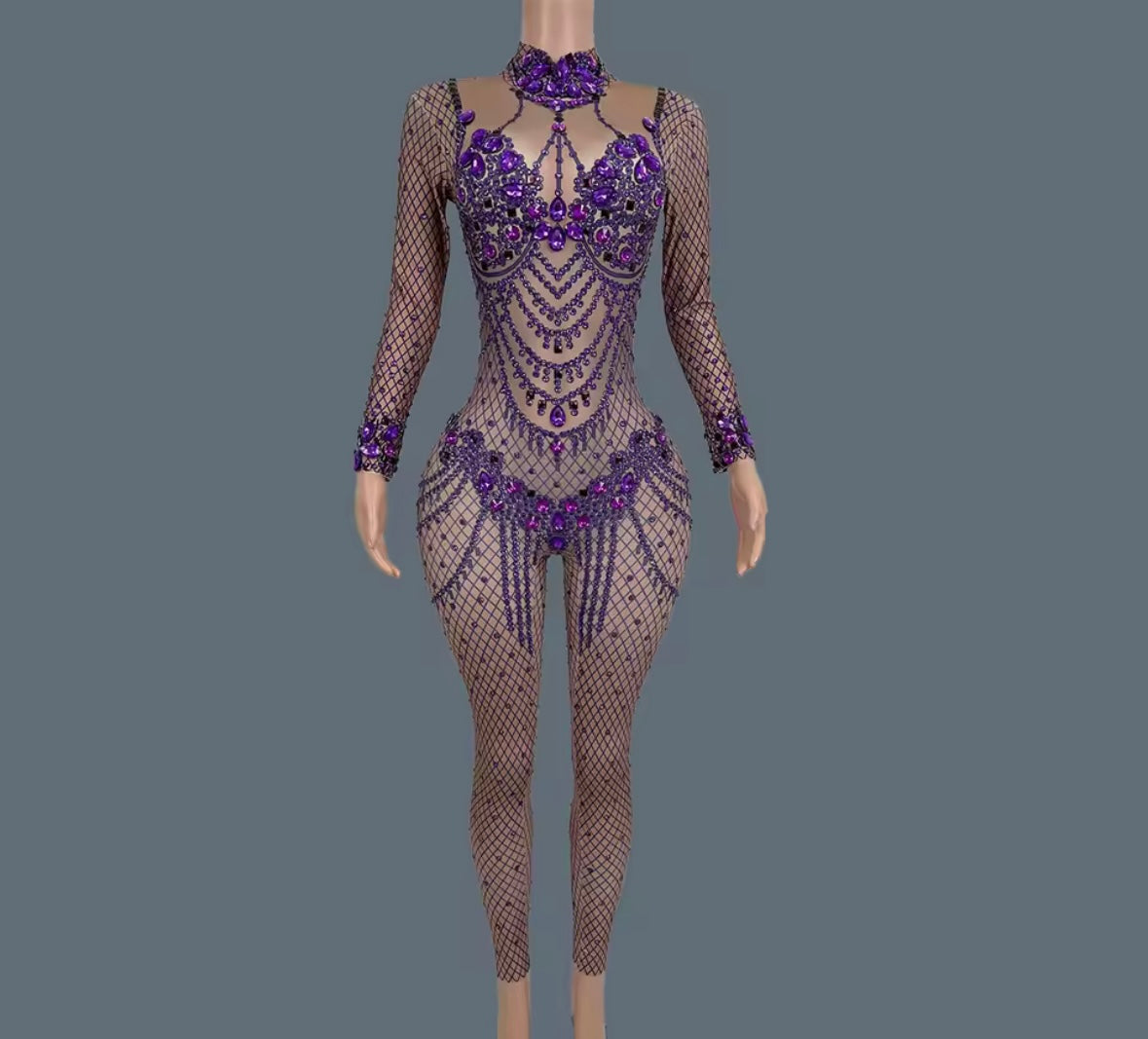 Elegant Beaded Rhinestone Full Sleeve Jumpsuit