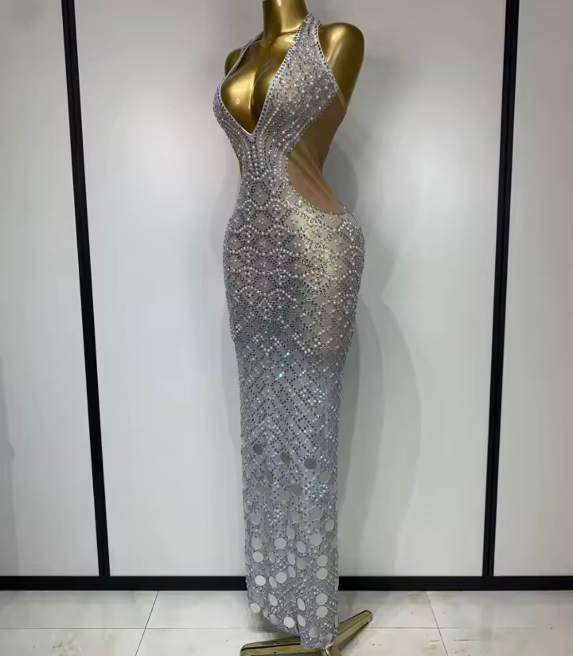 Sexy Sleeveless Beaded Rhinestone Silver Dress