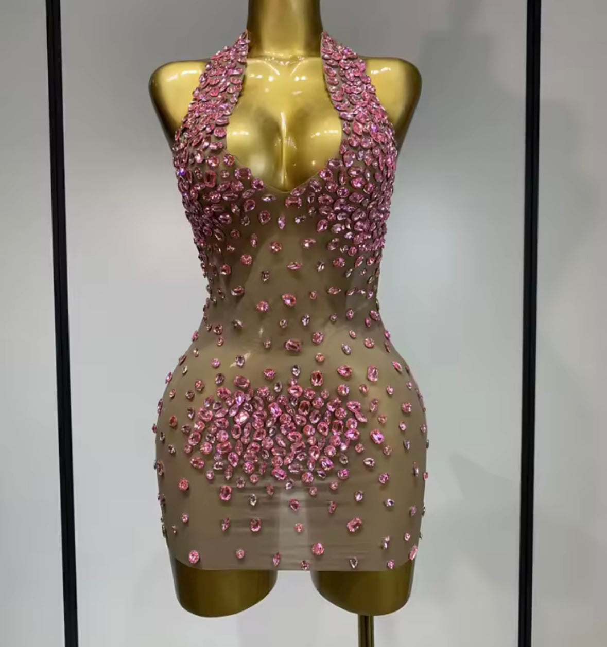 Sexy Halter Open Back Color Crystal See Through Dress