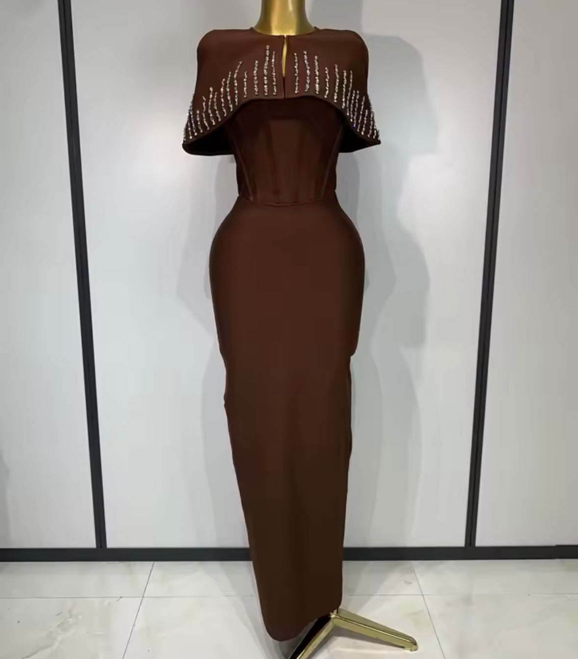 Elegant Strapless Rhinestone Shawl Two Piece Maxi Dress