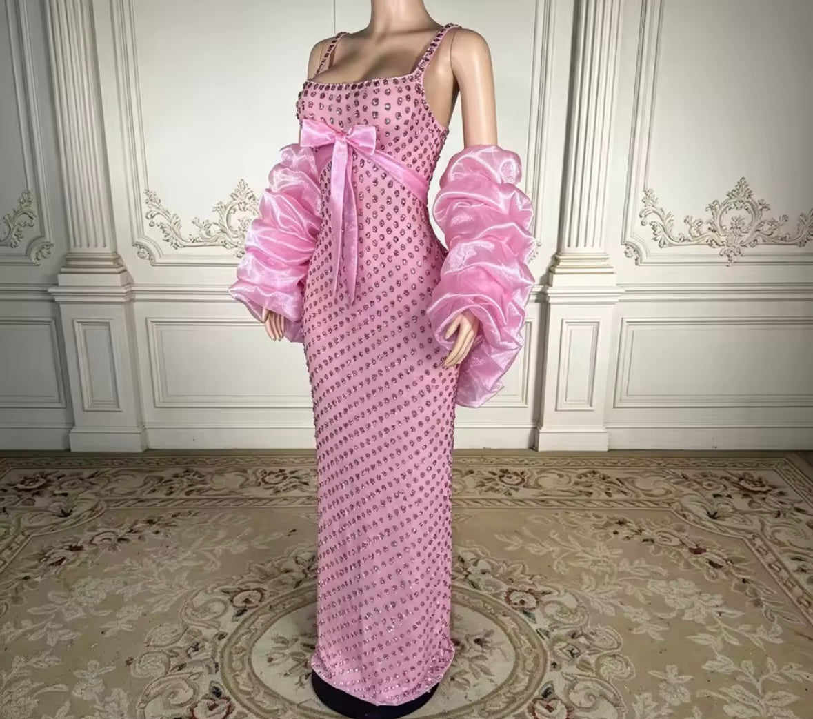 Pink Bow Rhinestone Sleeveless Sexy Maxi Dress