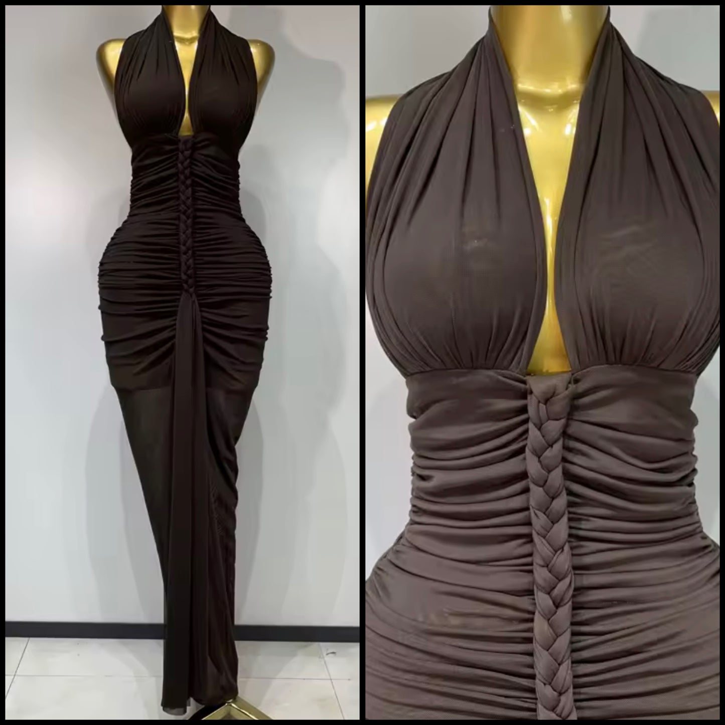 Sexy Brown Halter Sleeveless Ruched Maxi Dress