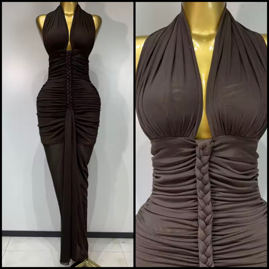 Sexy Brown Halter Sleeveless Ruched Maxi Dress