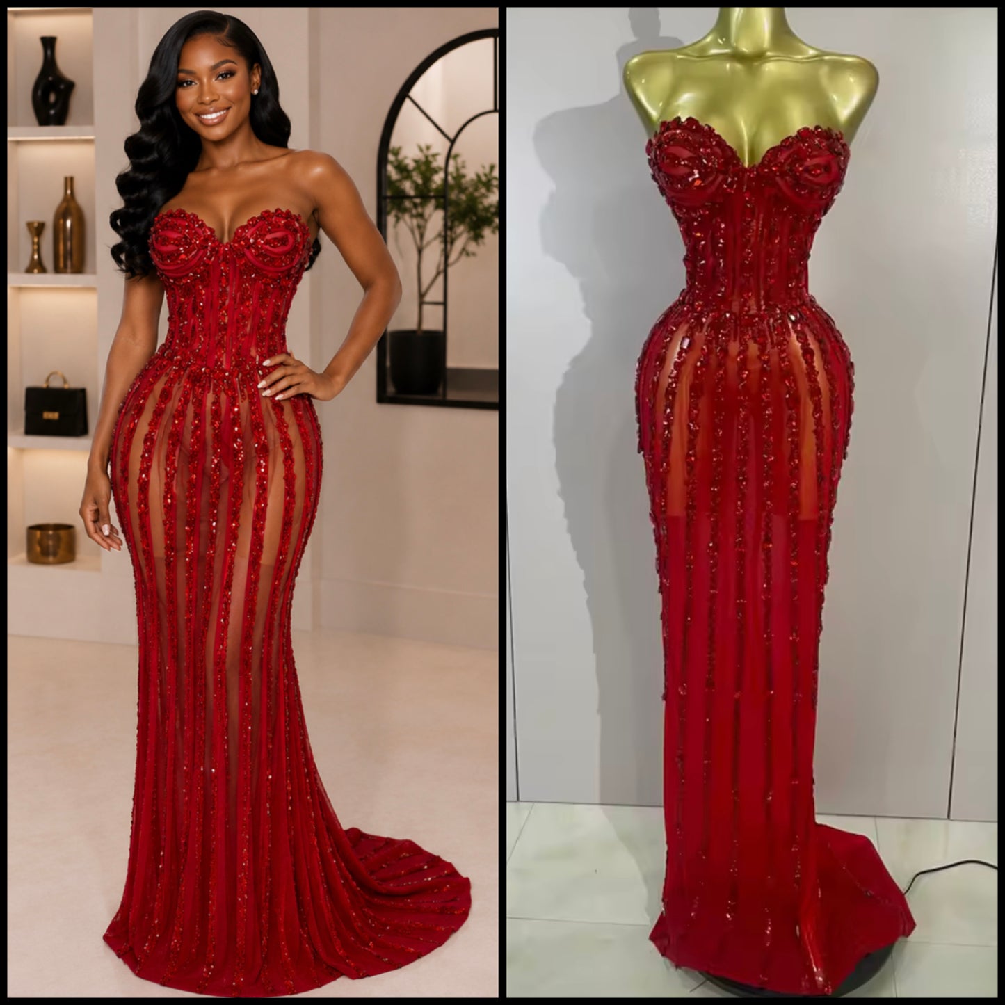 Red Sexy Strapless Crystal See Through Floor-Length Dress