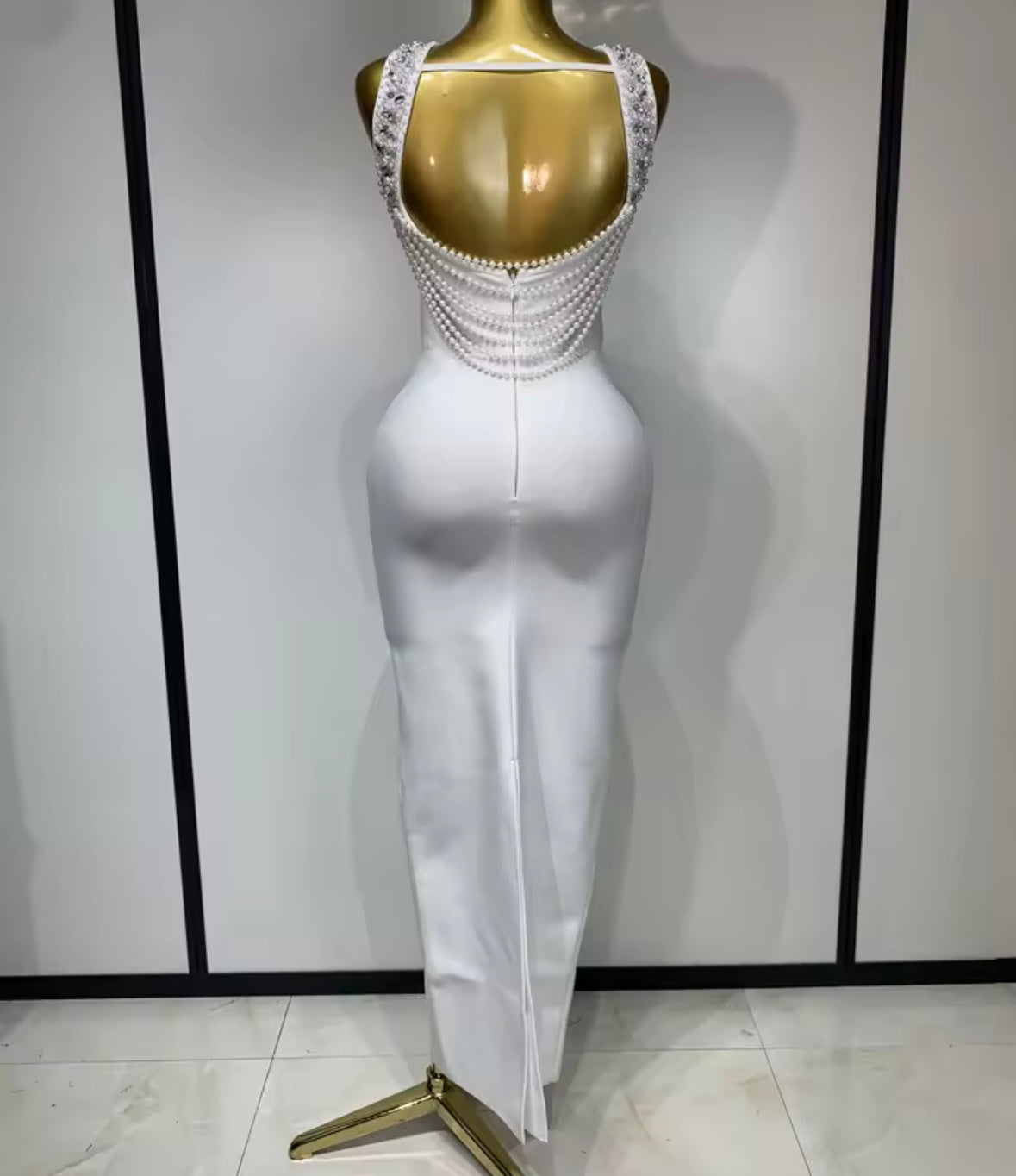 Sexy Sleeveless Rhinestone Pearl Open Back Maxi Dress