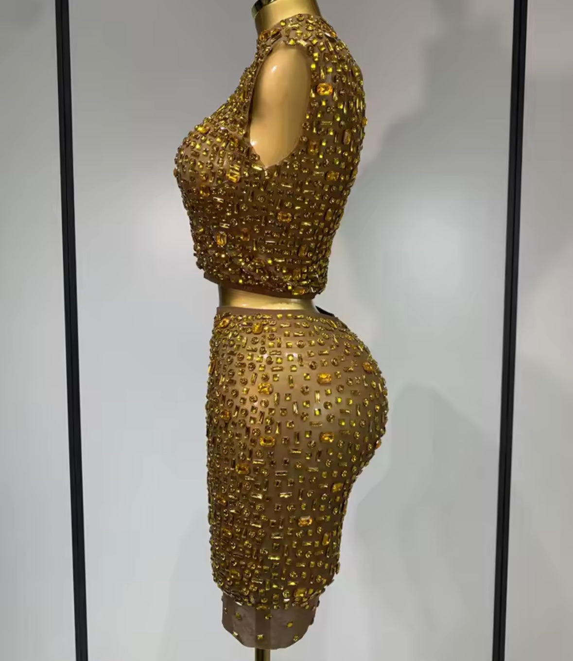 Sexy Sleeveless Crystal Crop Skirt Set
