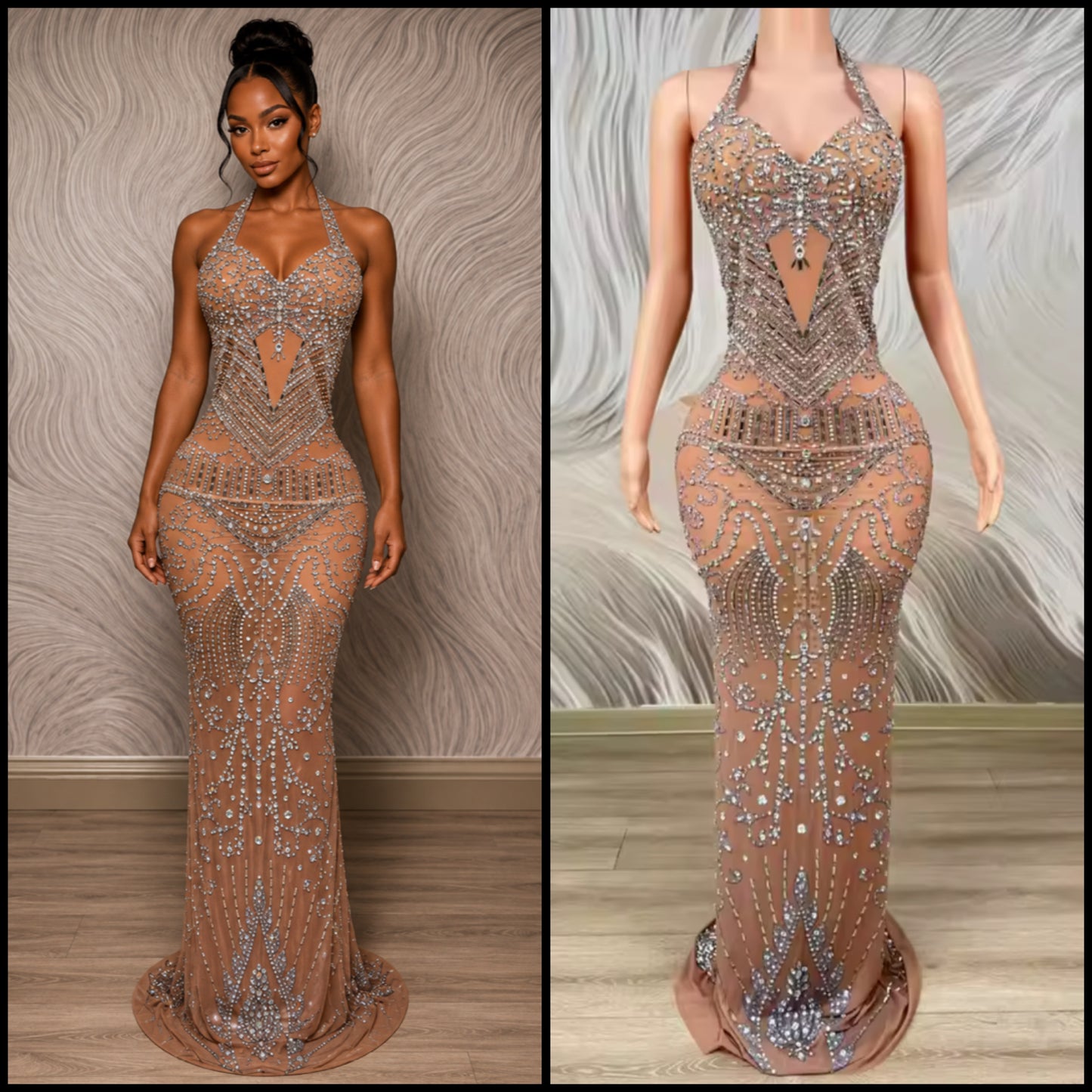 Sexy Halter Sleeveless Open Back Rhinestone Maxi Dress