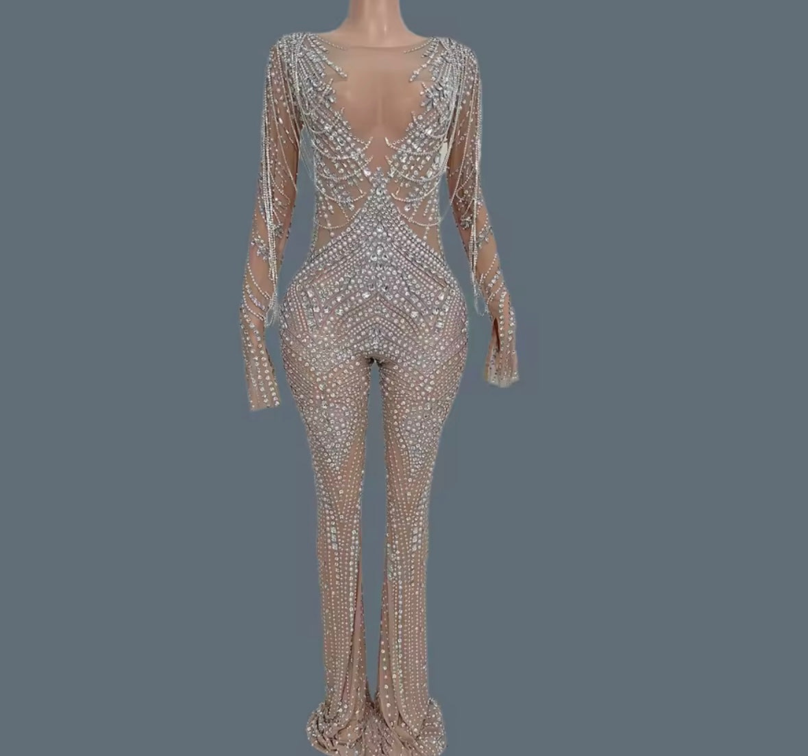 Sexy Rhinestone Chain Full Sleeve See Through Jumpsuit