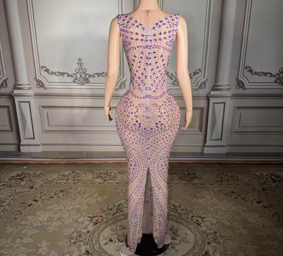Sexy Sleeveless See Through Purple Rhinestone Maxi Dress