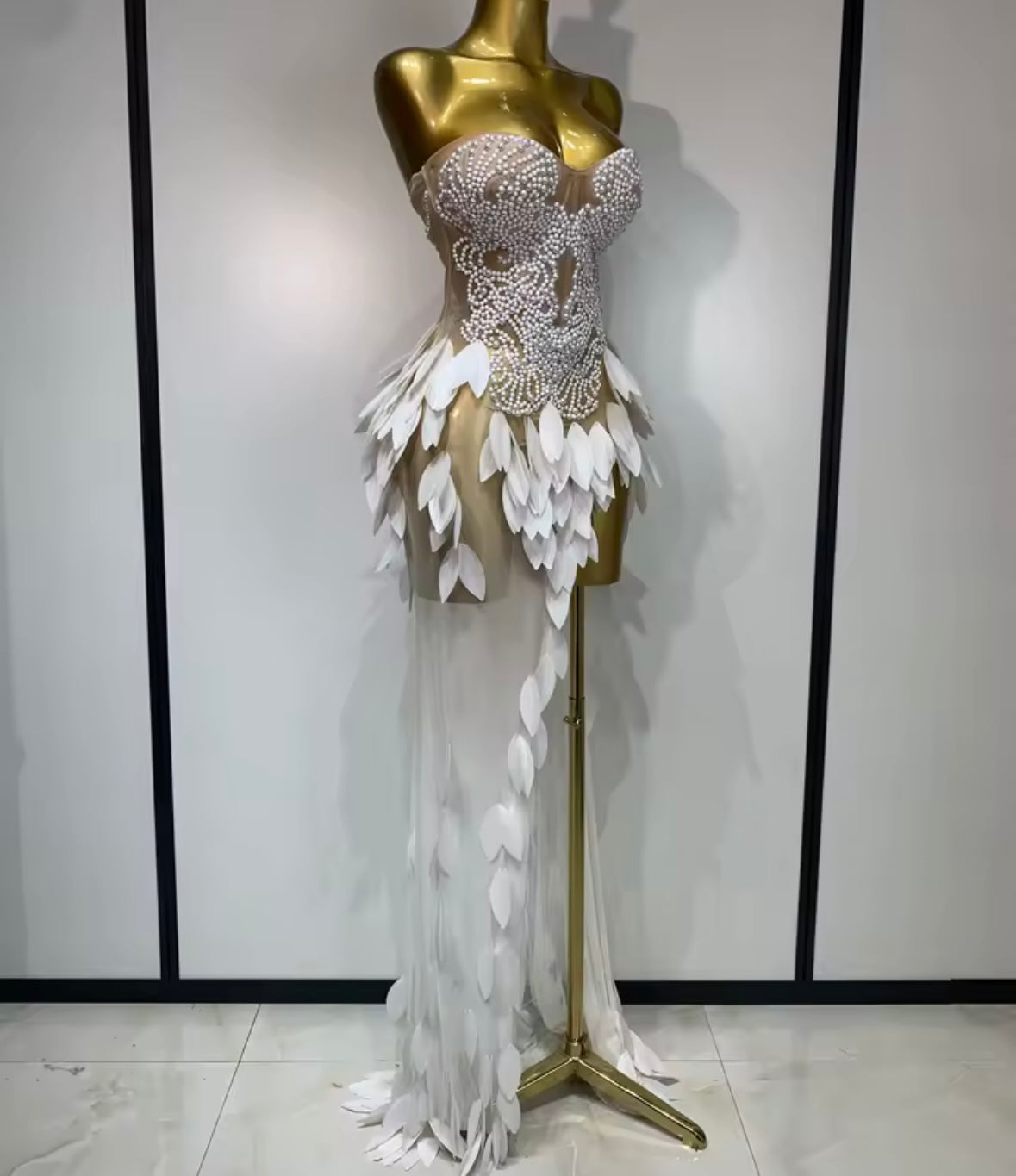 White Beaded Pearl Strapless Side Split Sexy Maxi Dress