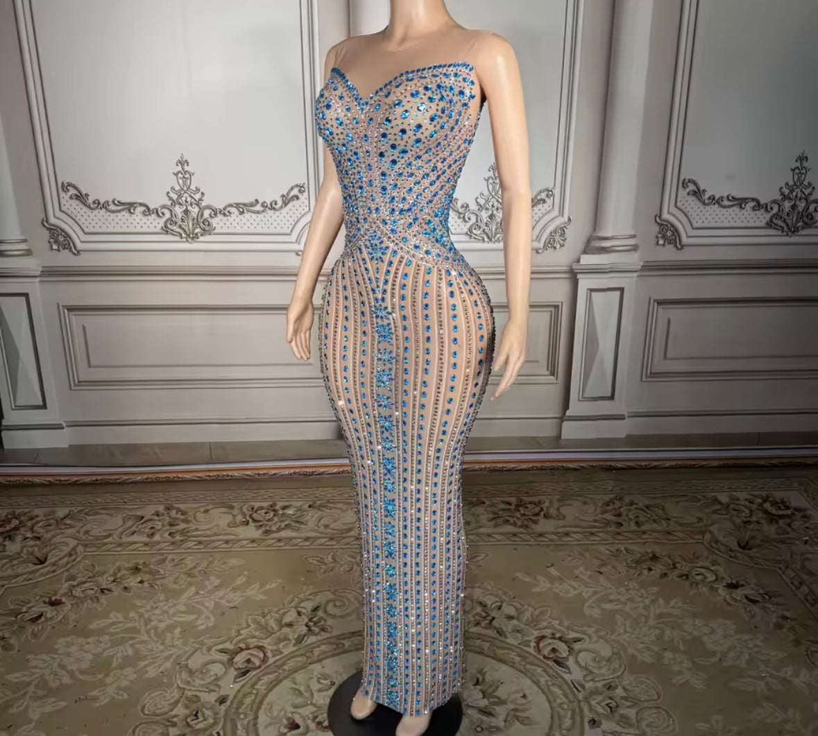 Sexy Sleeveless Blue Rhinestone Embellishment Maxi Dress