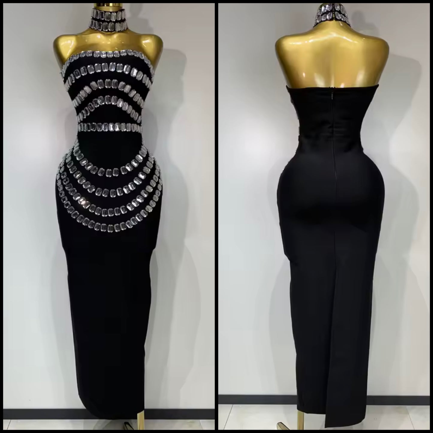 Sexy Crystal Choker Strapless Black Maxi Dress