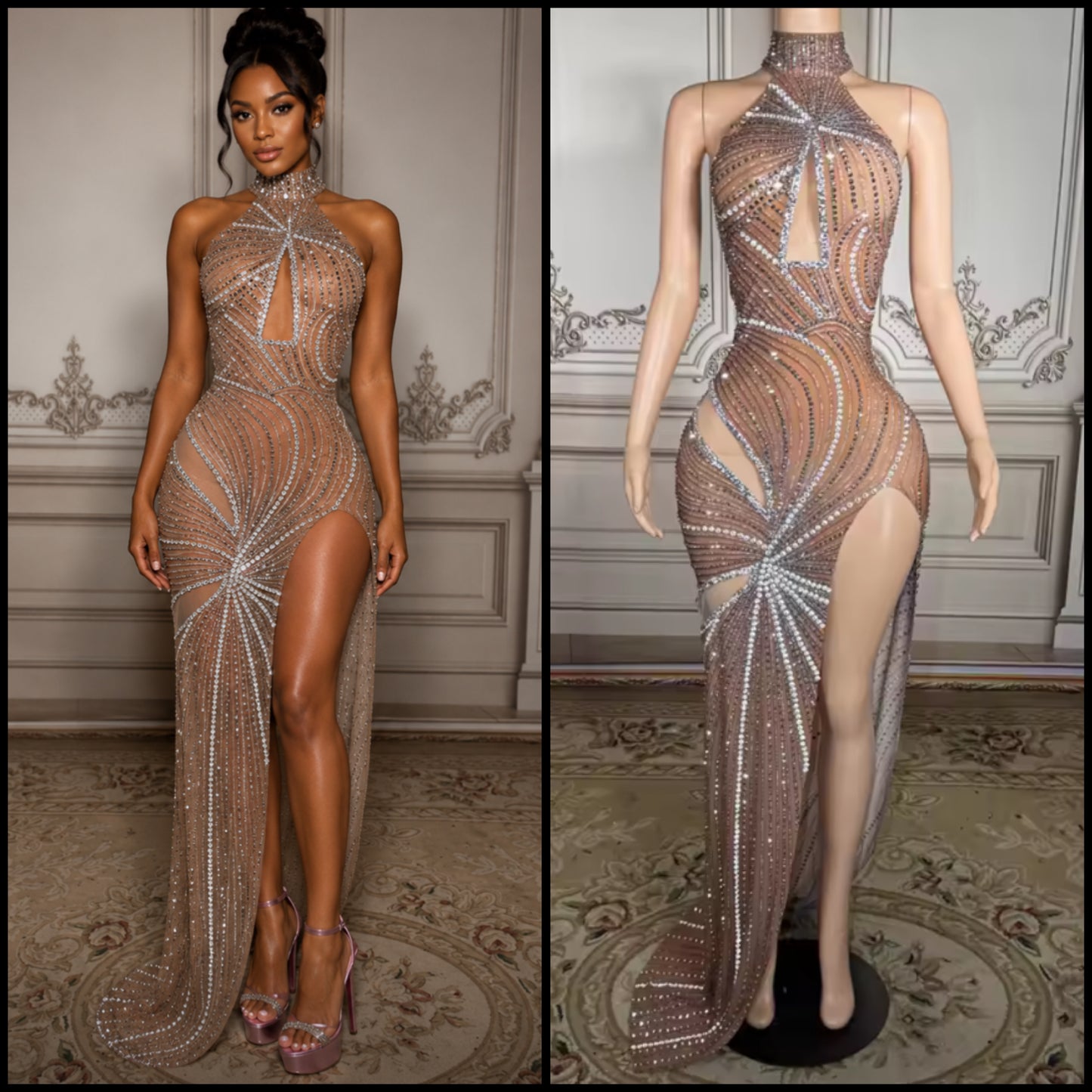 Sexy Sleeveless Hollow Out Rhinestone Side Split Maxi Dress