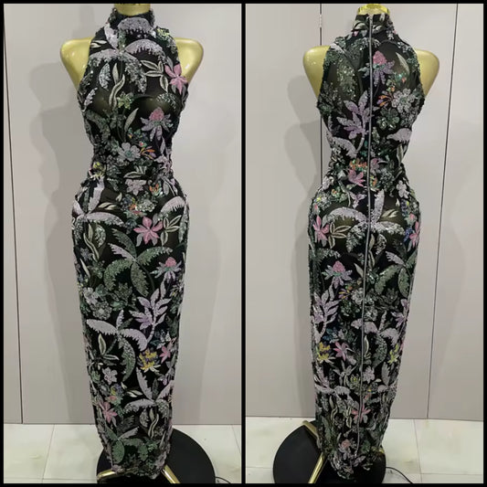 Elegant Floral Embellishment Sequins Floor-Length Dress