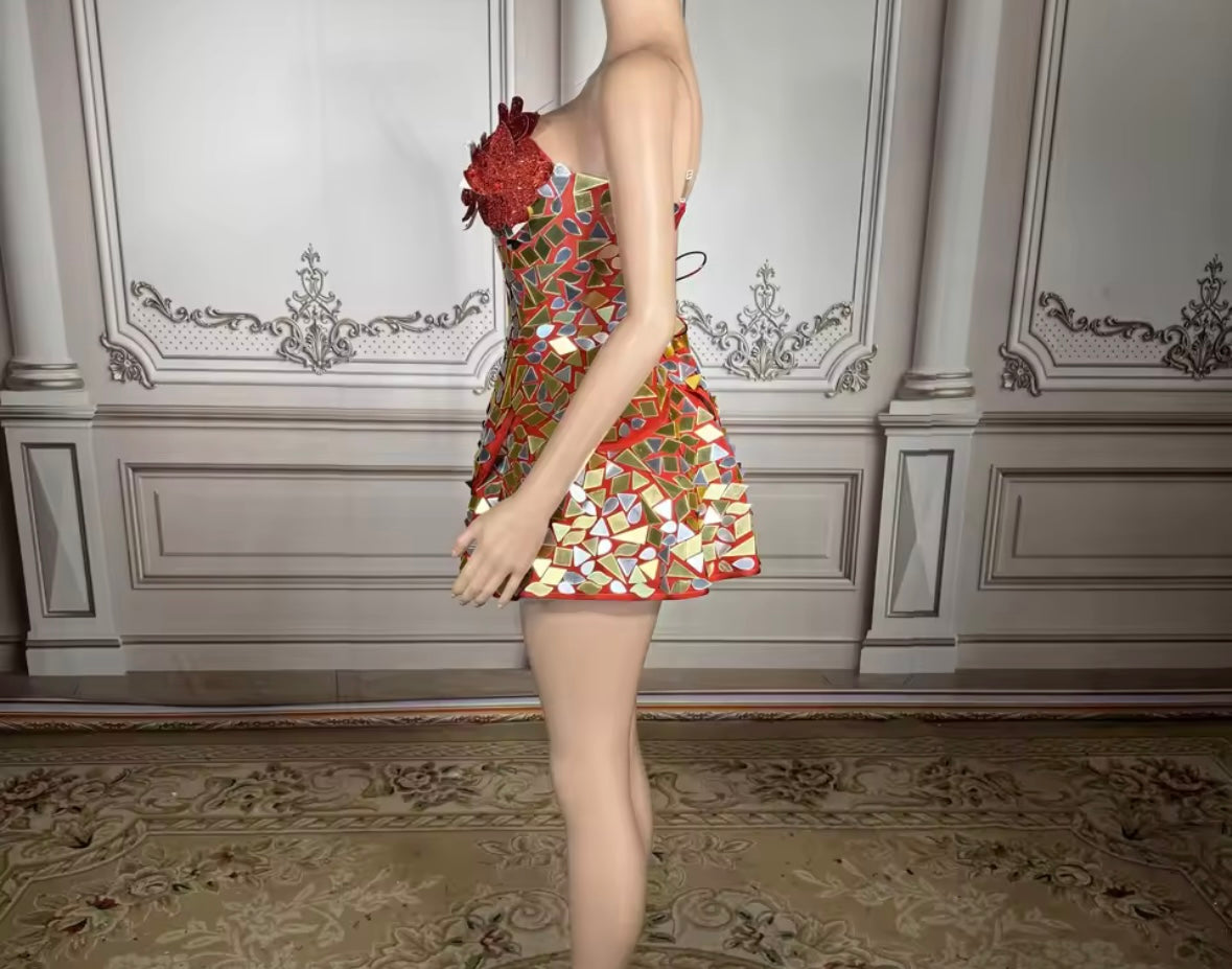 Sexy Sleeveless Floral Mirror Corset Dress