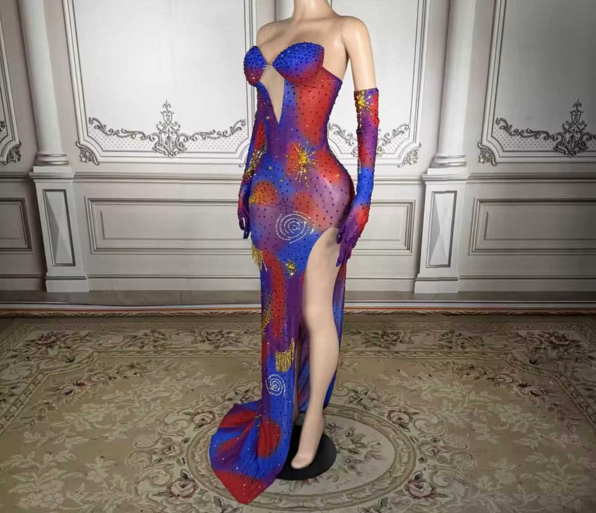 Women Sexy Sleeveless Printed Glove Side Split Maxi Dress