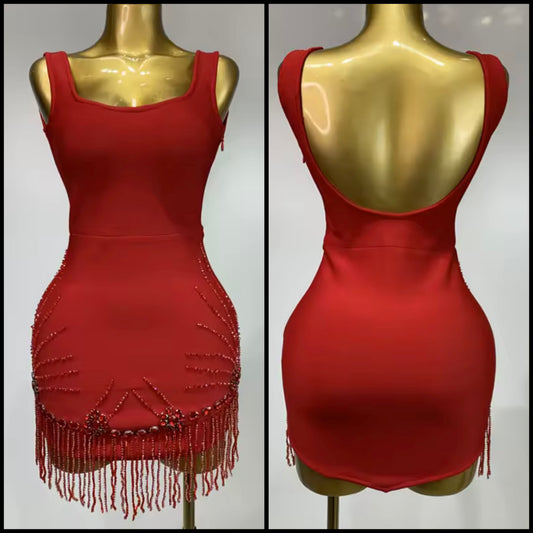 Sexy Sleeveless Red Beaded Tassel Short Dress