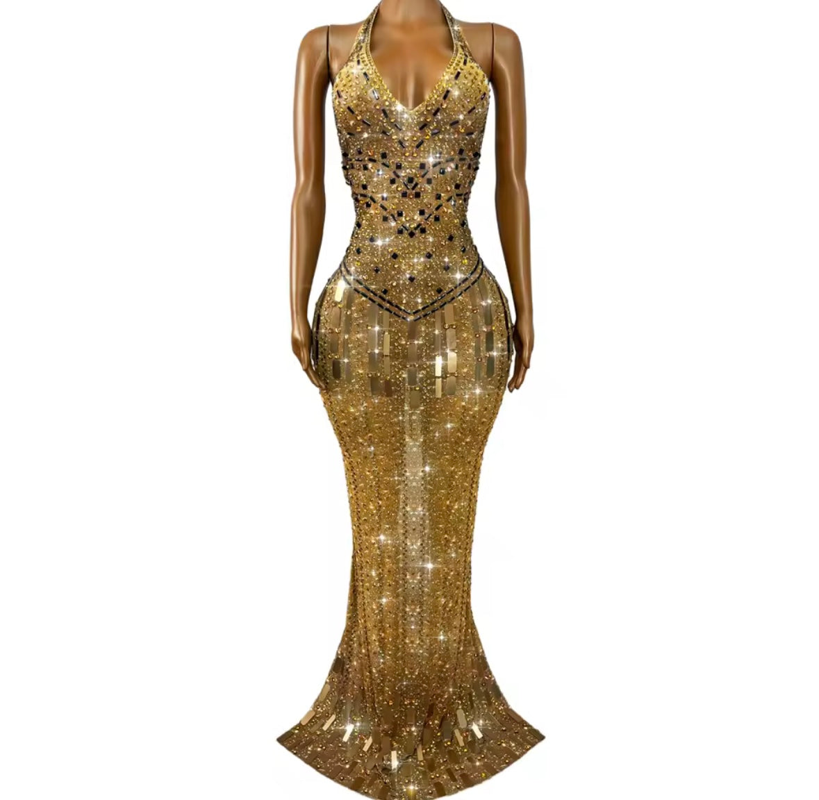 Gold Sexy Halter Sleeveless Rhinestone Floor-Length Dress