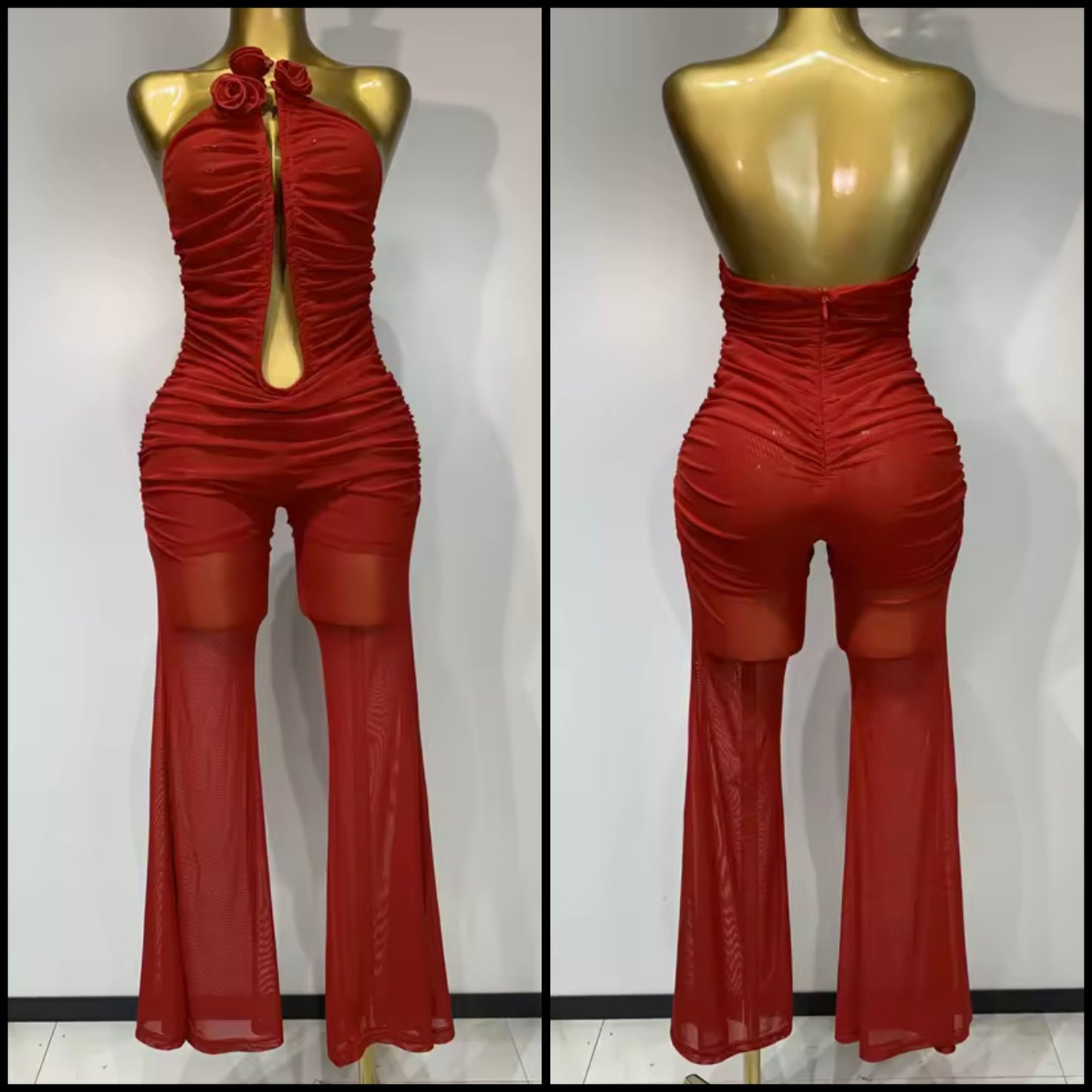 Sexy Red Rose Strapless Ruched Open Back Jumpsuit