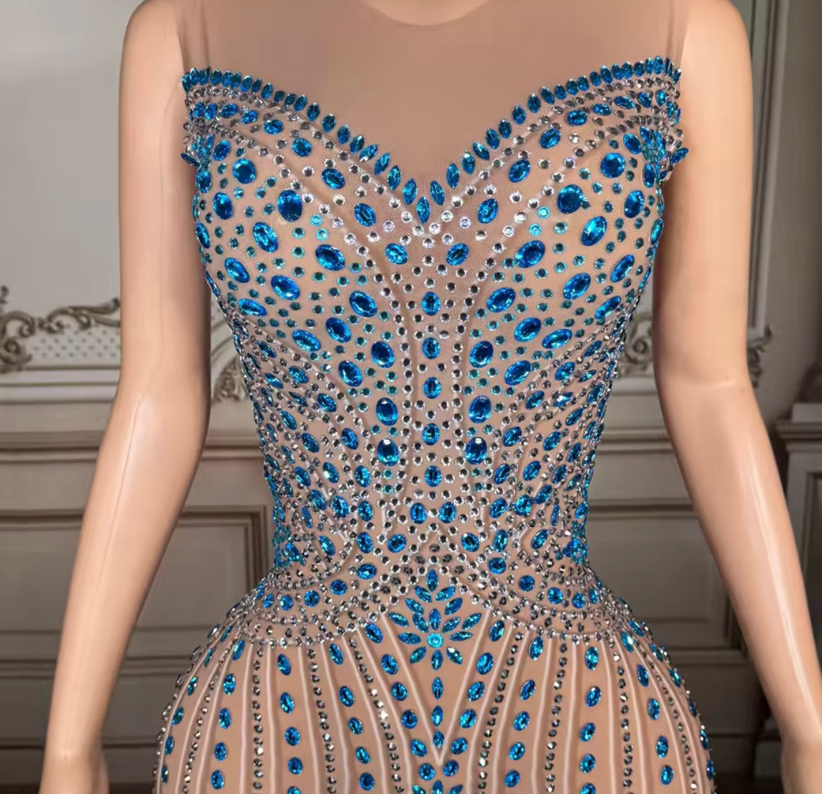 Sexy Sleeveless Blue Rhinestone Embellishment Maxi Dress