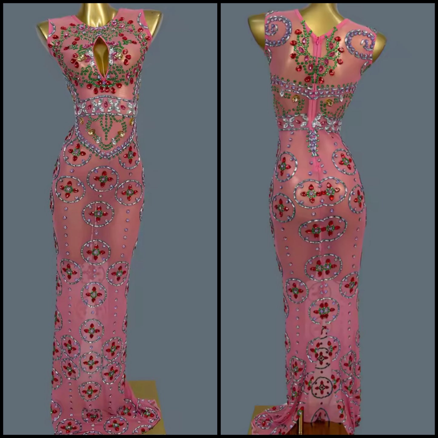 Sexy Pink Sleeveless Crystal Rhinestone Maxi Dress