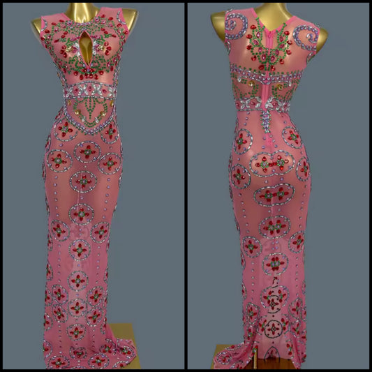 Sexy Pink Sleeveless Crystal Rhinestone Maxi Dress