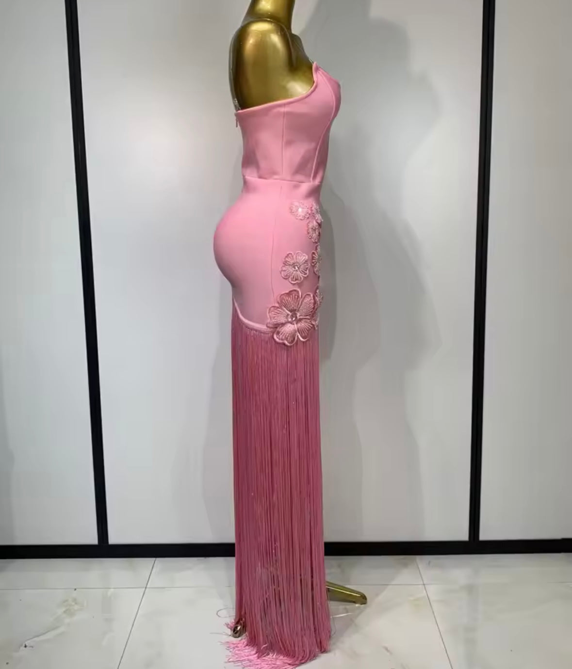 Pink Sleeveless Floral Fringe Tassel Sexy Maxi Dress
