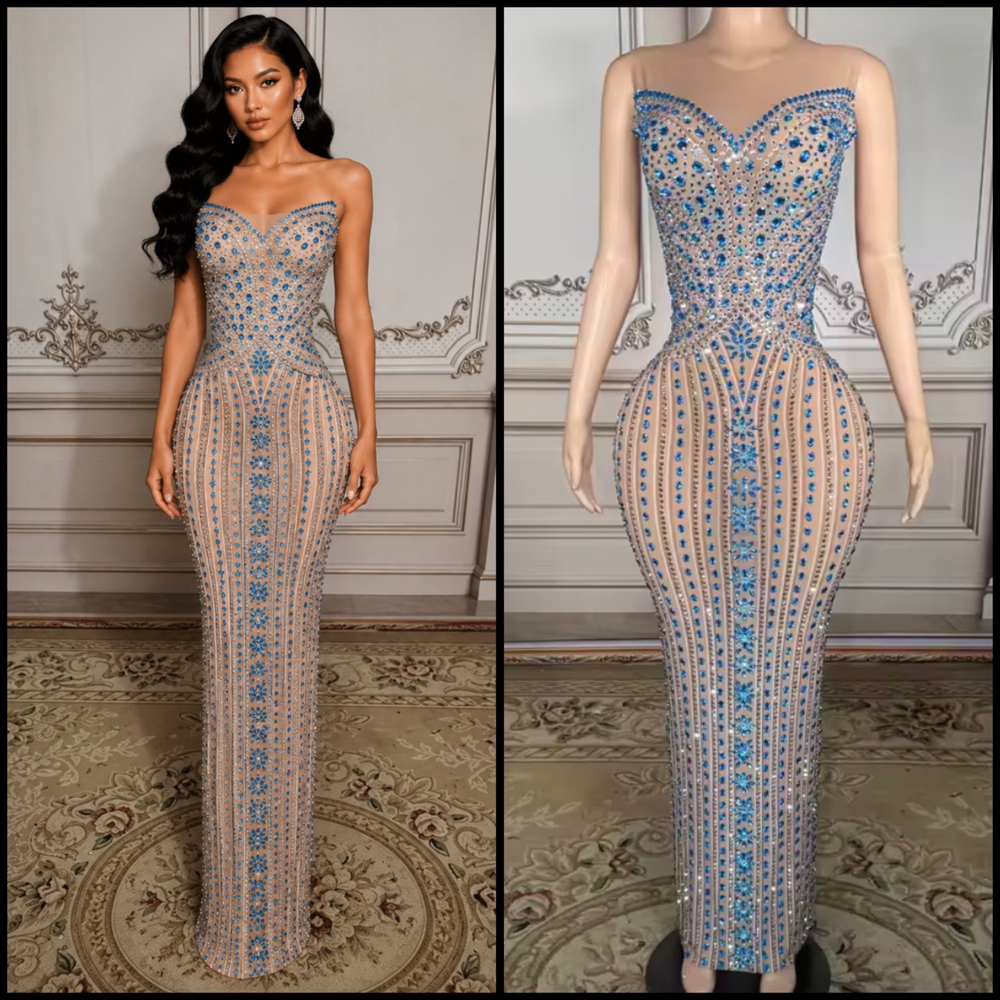 Sexy Sleeveless Blue Rhinestone Embellishment Maxi Dress